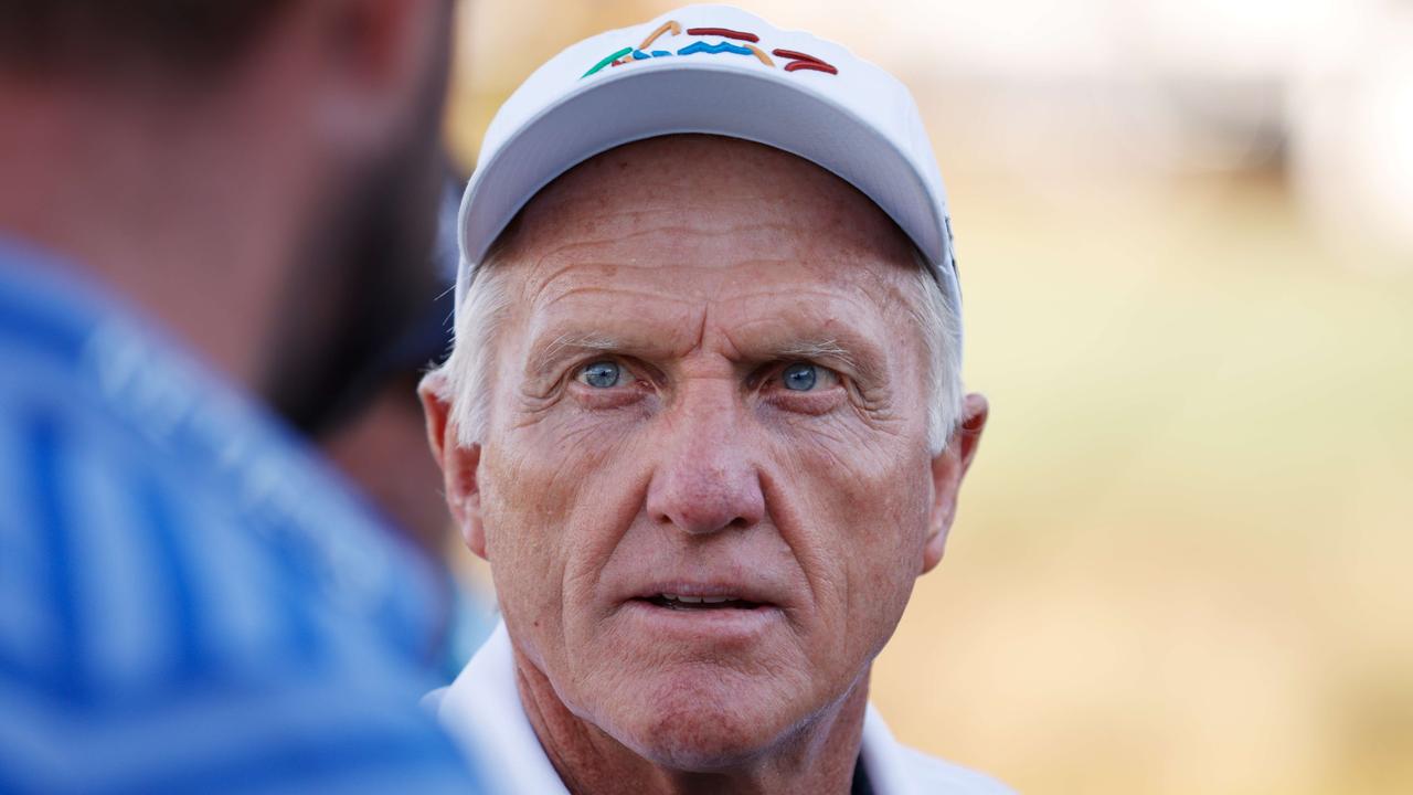 NAPLES, FLORIDA - DECEMBER 12: Greg Norman looks on after during the final round of the QBE Shootout at Tiburon Golf Club on December 12, 2021 in Naples, Florida. Cliff Hawkins/Getty Images/AFP == FOR NEWSPAPERS, INTERNET, TELCOS &amp; TELEVISION USE ONLY ==