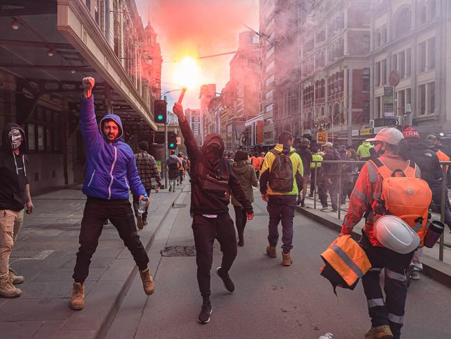 Protesters march along the West Gate Bridge. Picture: Jason Edwards