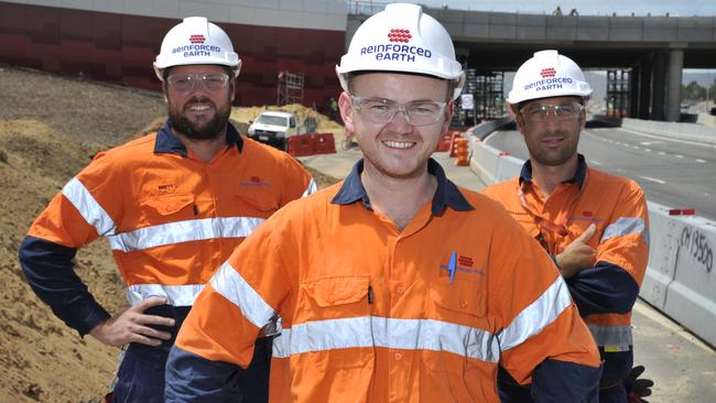 Diarmuid Moriarty and his team at Reinforced Earth have supplied retaining walls for the Gateway WA project. Mr Moriarty (centre) is photographed with precast manager Brett Tribbick (left) and WA regional manager Riccardo Musella (right). Picture: Justin Benson-Cooper.