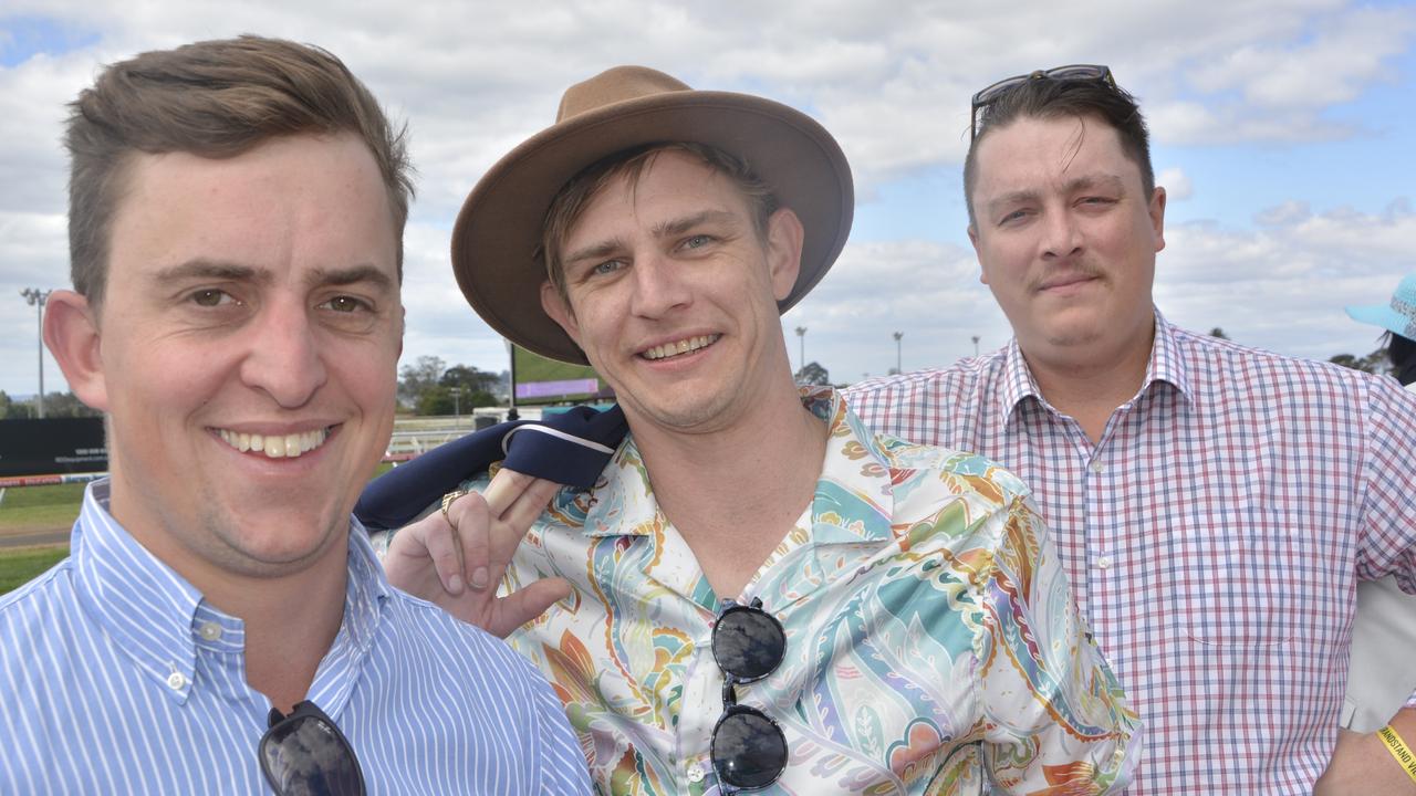 Sam Bingley, Josh Rutherford and Nic Benton at the 2023 Audi Centre Toowoomba Weetwood race day at Clifford Park Racecourse.