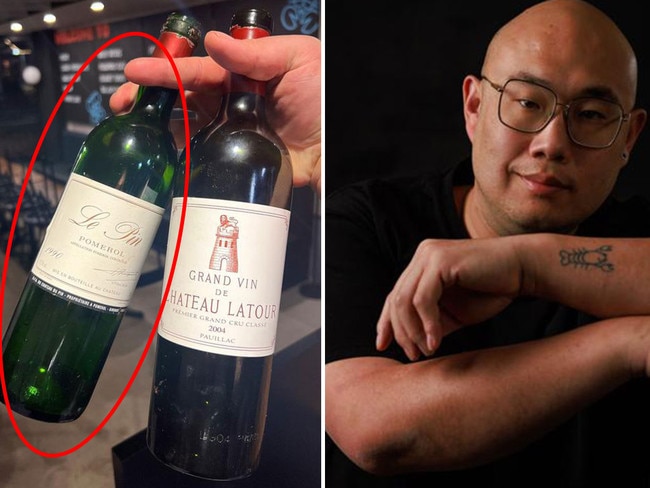 Big Sam Young and the $14.5K bottl eof wine he sold at his restaurant. Pictures: News Corp/Supplied