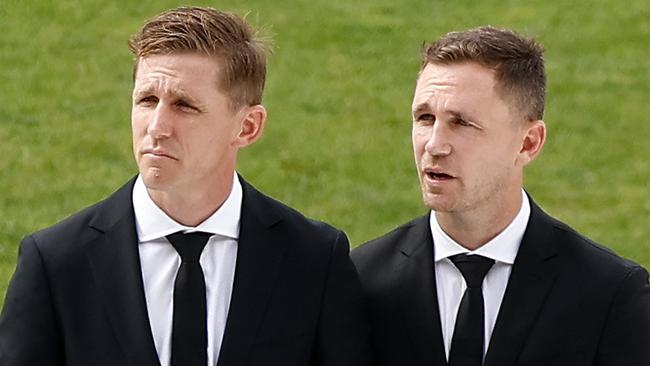 GEELONG, AUSTRALIA - FEBRUARY 14: Scott Selwood and Joel Selwood look on during Troy Selwood's Funeral Service at GMHBA Stadium on February 14, 2025 in Geelong, Australia. (Photo by Michael Willson/AFL Photos via Getty Images)