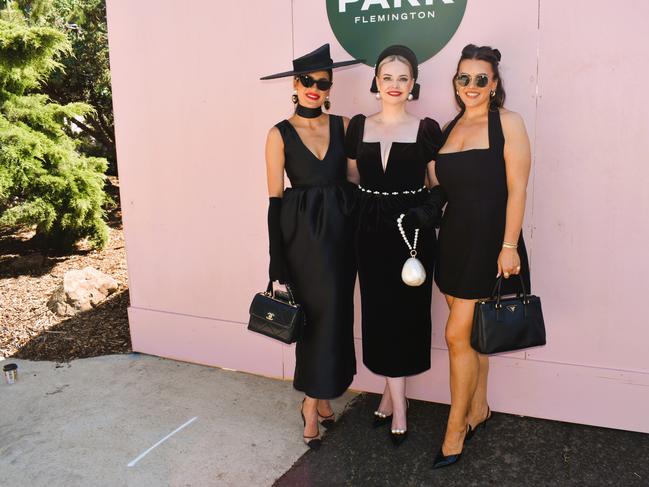 Guests in striking racewear at Penfolds Derby Day at the Flemington Racecourse on Saturday, November 02, 2024: