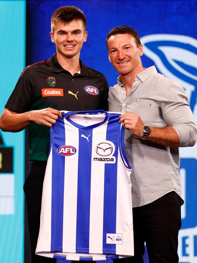 Colby McKercher and North Melbourne great Brent Harvey. Picture: Michael Willson/AFL Photos