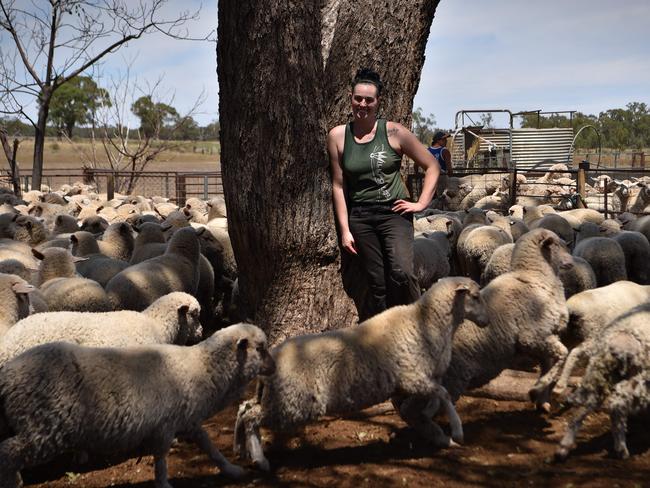 28-year-old Australian sheep shearer Emma Billet surrounded by sheep on a station outside the town of Trangie in western New South Wales. Picture: AFP