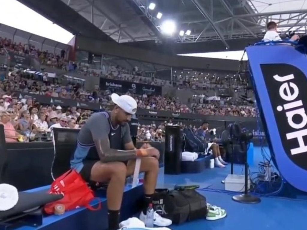 Nick Kyrgios wrapped tape around the wrist he had surgery on.