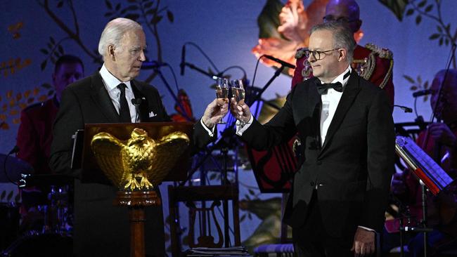 US President Joe Biden and Prime Minister Anthony Albanese toast during a State Dinner at the South Lawn of White House in Washington, DC on October 25, 2023. Picture: Brendan Smialowski / AFP.