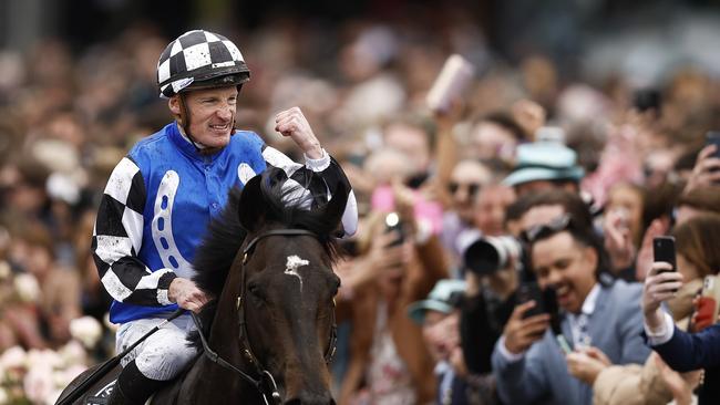 Mark Zahra celebrates after riding Gold Trip to victory in the 2022 Melbourne Cup on Tuesday. Picture: Getty Images/Daniel Pockett