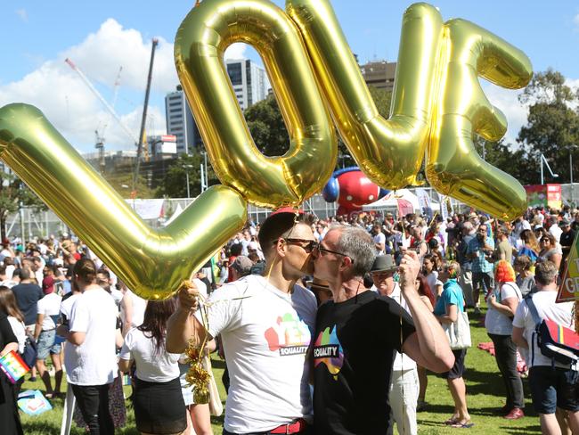 LGBT people assembled in Prince Alfred Park, Sydney to hear the results of the postal plebiscite on whether same sex couples should be allowed to marry. Picture: Richard Milnes/MEGA