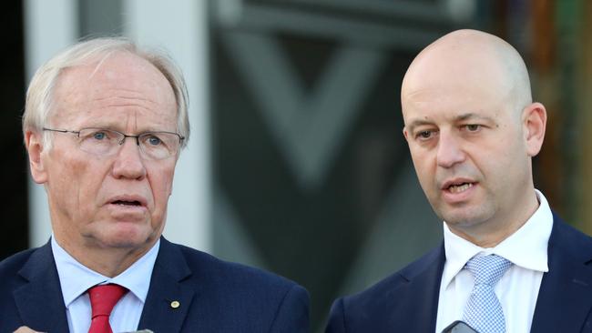 Peter Beattie (ARL Chairman) and Todd Greenberg (NRL CEO) talk at a press conference in regards to the De Belin Judgement at Rugby League HQ, Moore Park, Sydney, 17th May 2019. Picture by Damian Shaw