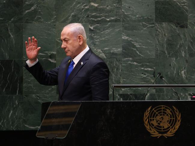 Israeli Prime Minister Benjamin Netanyahu gestures after speaking at the UN General Assembly. Picture: AFP