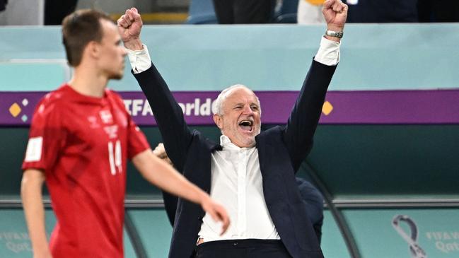 Graham Arnold celebrates. Picture: Paul Ellis/AFP