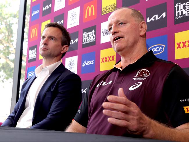 New Brisbane Broncos coach Michael Maguire alongside Broncos CEO Dave Donaghy. Picture: Steve Pohlner