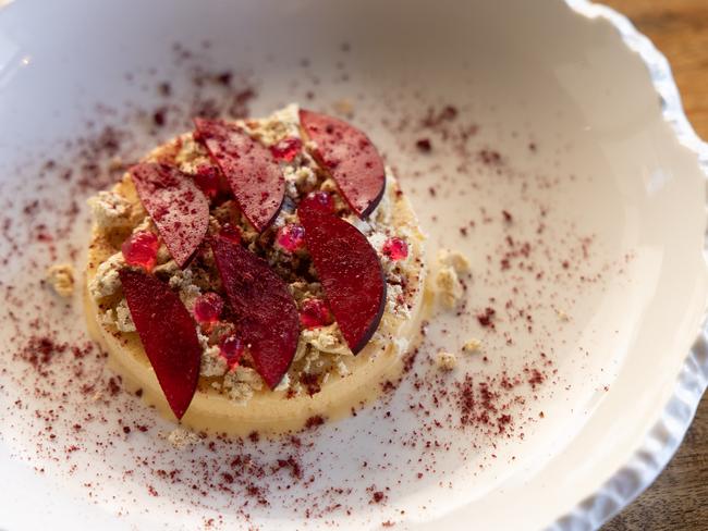 Qweekend restaurant review.ACH bakery and wine bar, 389 MacArthur Ave, Hamilton.Halva Parfait, pistachio, rose and orange gel, plum.Photograph David Kelly