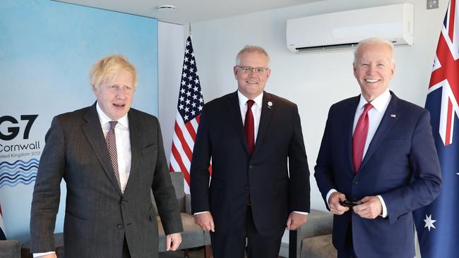 British Prime Minister Boris Johnson with Prime Minister Scott Morrison and US President Joe Biden. Picture: Adam Taylor/PMO