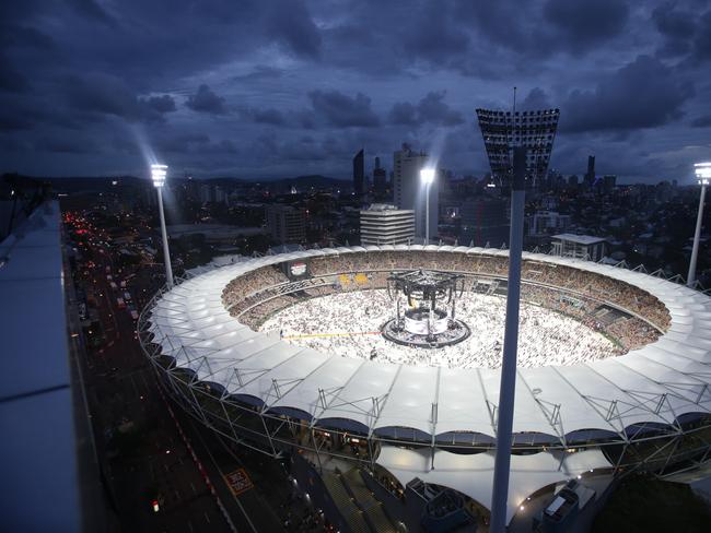 It’s almost time! Fans inside the Gabba ahead of the Adele concert. Picture: Steve Pohlner