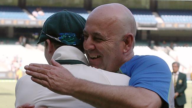 Lehmann hugs Steve Smith after the 2016 Boxing Day Test against Pakistan. Picture:Wayne Ludbey