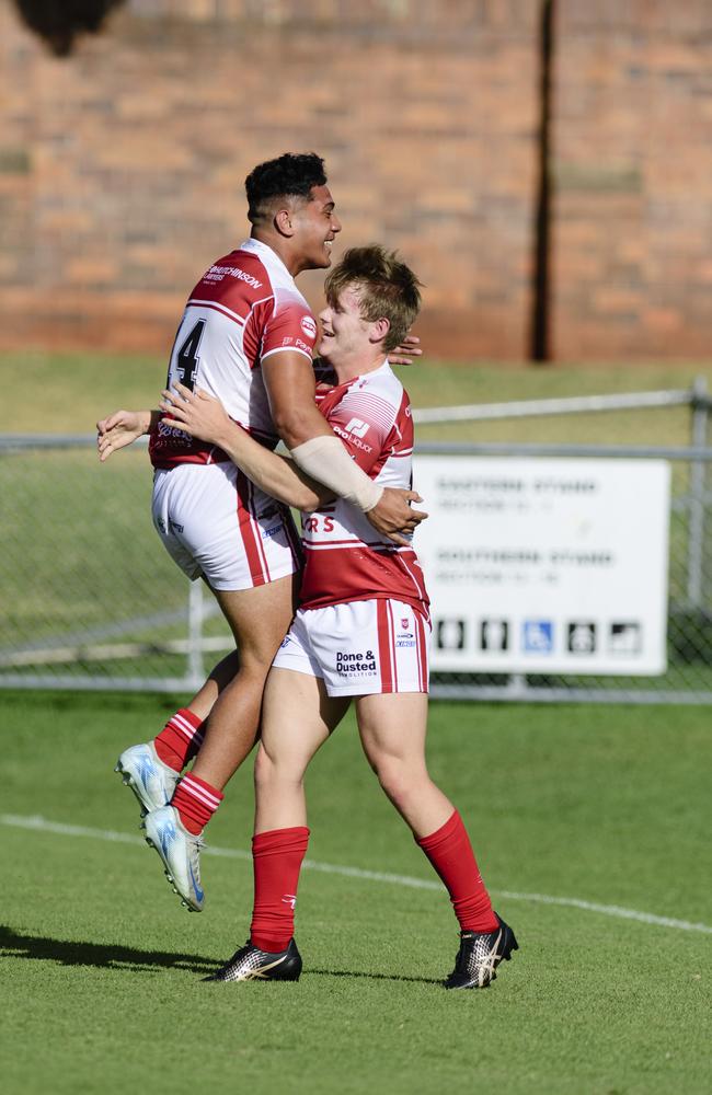 Nate Berrigan (right) celebrates his try with Jairus Halahala. Picture: Kevin Farmer