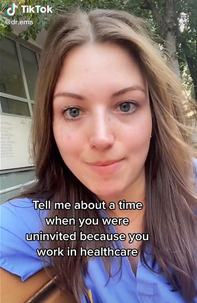 Emily Long, a resident at Harvard University, who also works in ICU, revealed she was uninvited to her best friend wedding because she ‘takes care of sick people’. Picture: TikTok/dr.ems