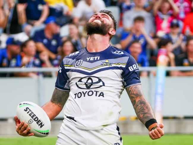 Kyle Feldt scores to become the Cowboys' all-time leading tryscorer. Picture: NRL Photos