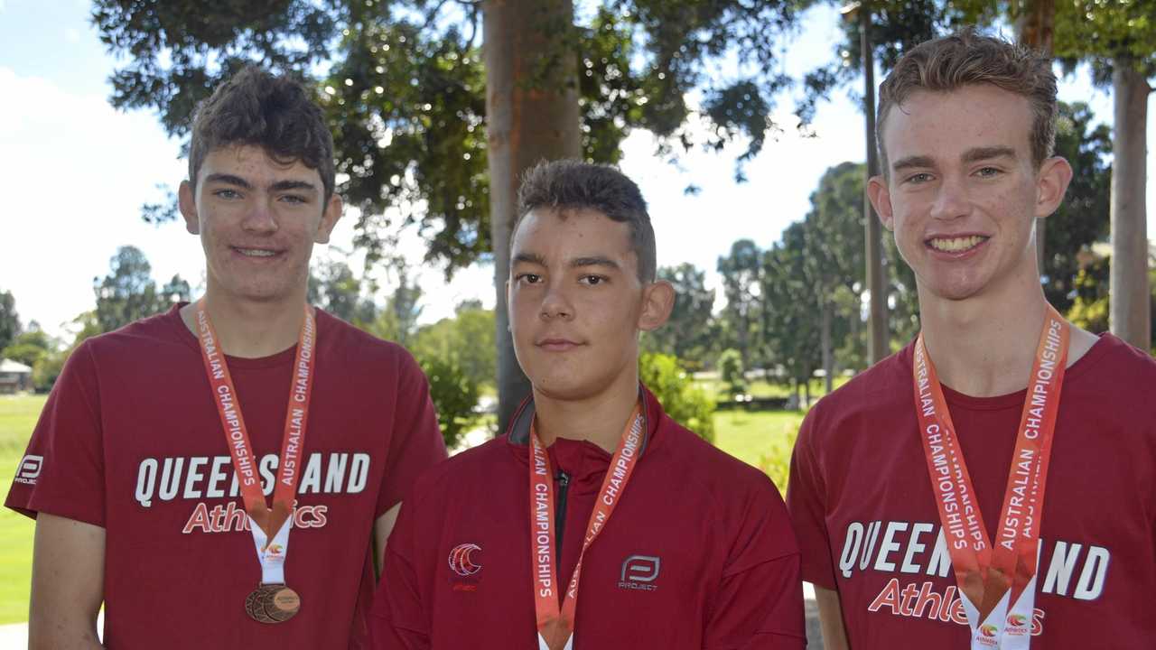 RISING STARS: Toowoomba athletes (from left) Josh Roach, Wihan Kruger and Jai Gordon returned from the Australian Track and Field Championships with medals. Picture: Jason Gibbs