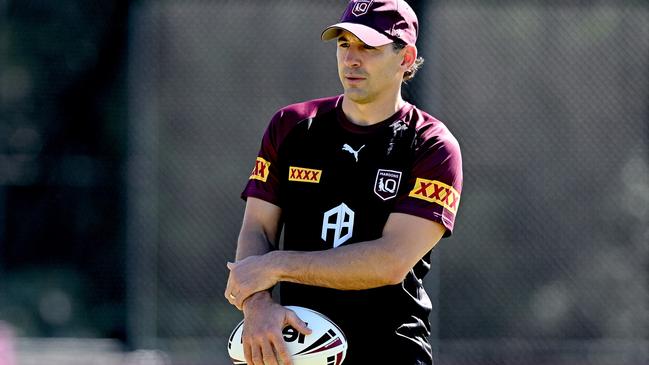 BRISBANE, AUSTRALIA - MAY 23: Coach Billy Slater watches on during the QLD Maroons State of Origin team training session at the Clive Berghofer Centre on May 23, 2023 in Brisbane, Australia. (Photo by Bradley Kanaris/Getty Images)