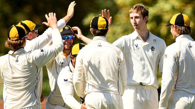 Richmond players celebrate a wicket. Picture: Josh Chadwick