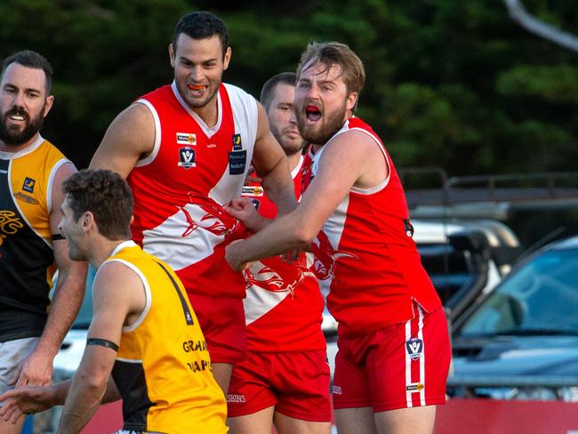 Sorrento's Leigh Poholke celebrates a goal against Frankston YCW. Picture: Jay Town