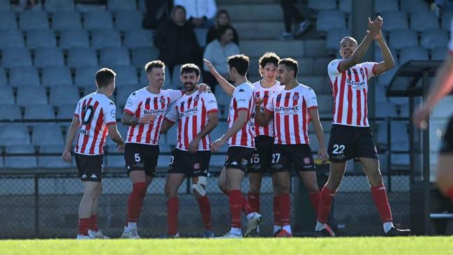 Caroline Springs George Cross celebrate a goal. Picture: Mark Avellino