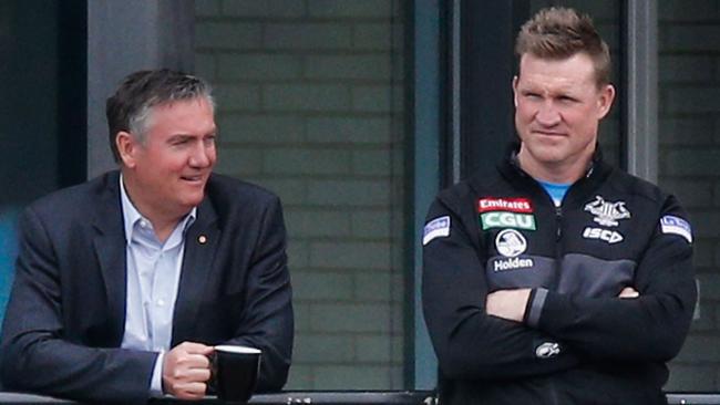 McGuire with Nathan Buckley at Collingwood training this week. Picture: Getty Images