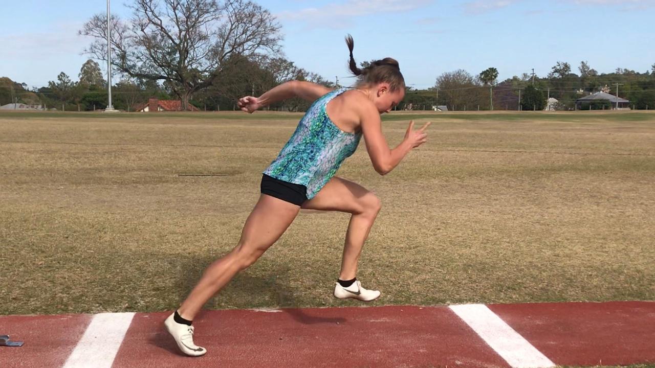 Ipswich and District Athletic Club sprinter Ashlee Stieler works on her starts before heading to Mackay. Picture: Vic Pascoe