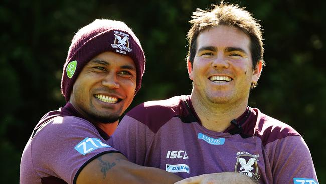 Sea Eagles stalwarts Steve Matai and Jamie Lyon. Picture: Brett Costello