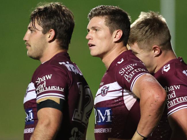 SYDNEY, AUSTRALIA - JULY 08: Reuben Garrick of the Sea Eagles reacts after a Raiders try during the round 17 NRL match between the Manly Sea Eagles and the Canberra Raiders at 4 Pines Park on July 08, 2021, in Sydney, Australia. (Photo by Cameron Spencer/Getty Images)