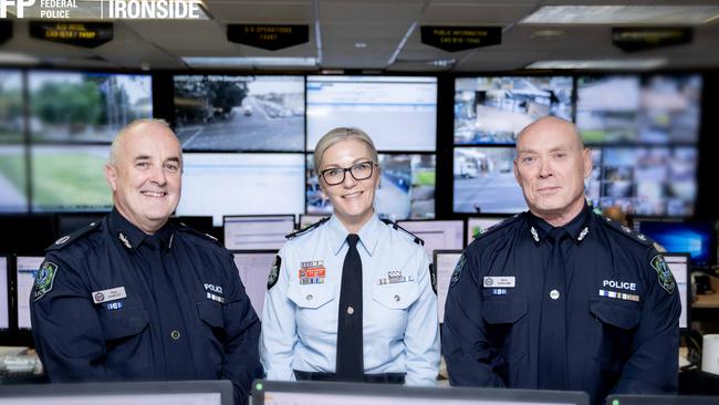 SAPOL Assistant Commissioner Peter Harvey, Fedpol Detective Superintendent Gail McClure and SAPOL Crime Branch Chief Superintendent Steve Taylor. Picture: AFP/SAPOL