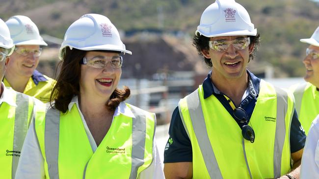 Premier Annastacia Palaszczuk is joined by ex-league star Johnathan Thurston during a visit to a new stadium in Townsville on Monday. Picture: Matt Taylor