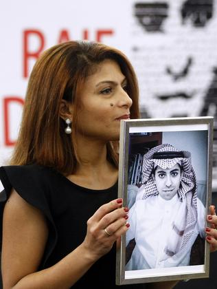 Ensaf Haidar, wife of the jailed Saudi Arabian blogger Raif Badawi, accepts an award on her husband’s behalf in 2015. Picture: /Christian Lutz/AP