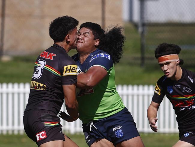 DAILY TEDAILY TELEGRAPH 15TH APRIL 2022Pictured at Ringrose Park in Wentworthville in western Sydney is Mathias Tomuli-Ah-Kuoi from the Canberra Raiders during a Harold Matthews Cup game against Penrith Panthers.Picture: Richard Dobson