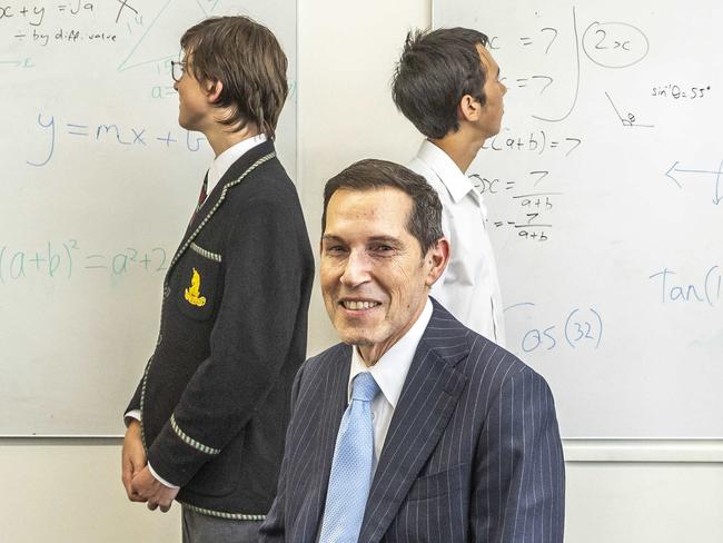 National education story - Maths and STEMMelbourne High Principal Anthony Mordini is joined by students Sandush Peiris (15), Louis Rainsford (15), Gabriel Tran (16) and Shannon Rs (15). Picture: Jake Nowakowski. Picture: Jake Nowakowski