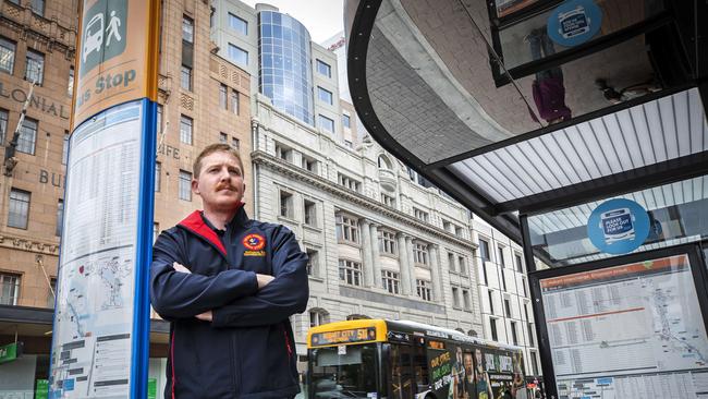 Australian Manufacturing Workers’ Union state organiser Jacob Batt at the Elizabeth Street bus mall, Hobart. Picture: Chris Kidd