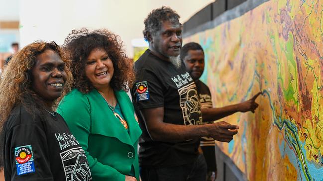 Traditional owner groups from across the Roper region created a 13m long songlines map of their river and its flood plains, which they presented to the Australian government in November 2023. Picture: Supplied/Cat Sparks.