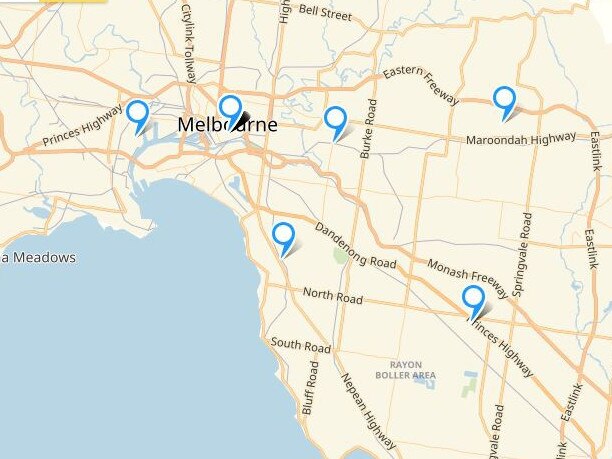 Markers on a map of Melbourne indicate where viewers can watch a live stream from a surveillance camera. 