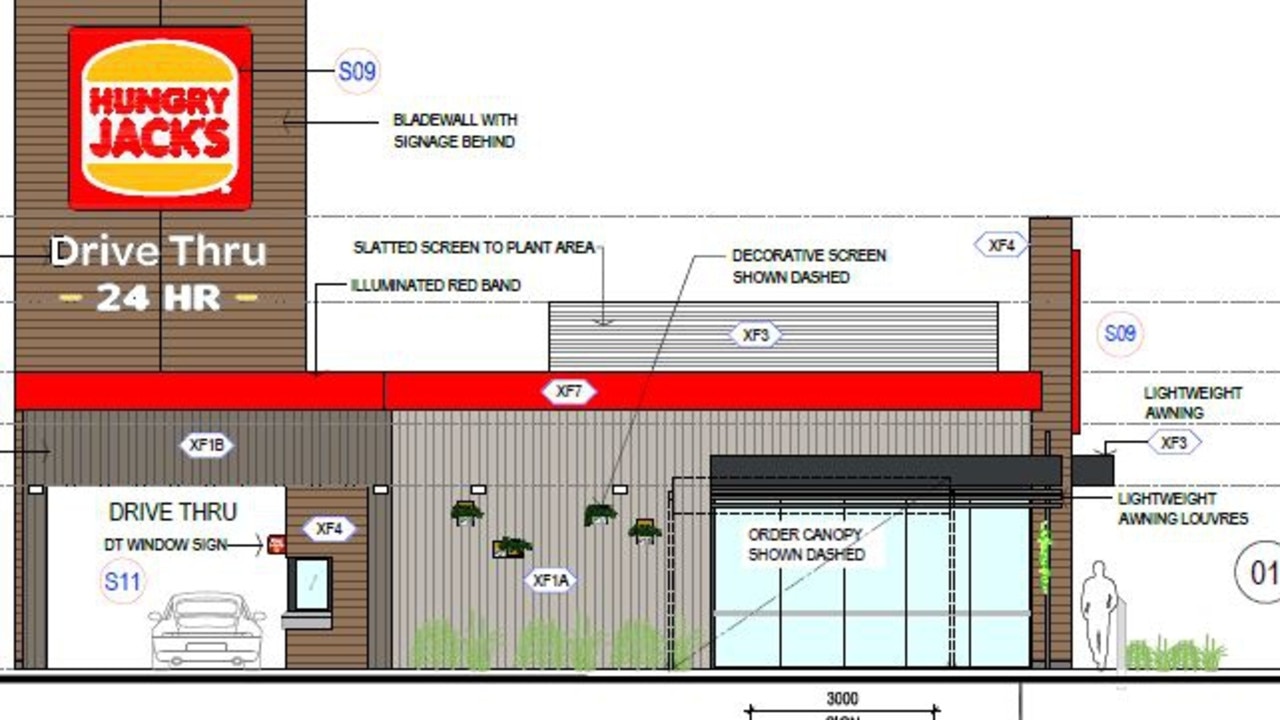 Renders of the Hungry Jacks proposed to be built at the Capricorn Coast Homemakers Centre.