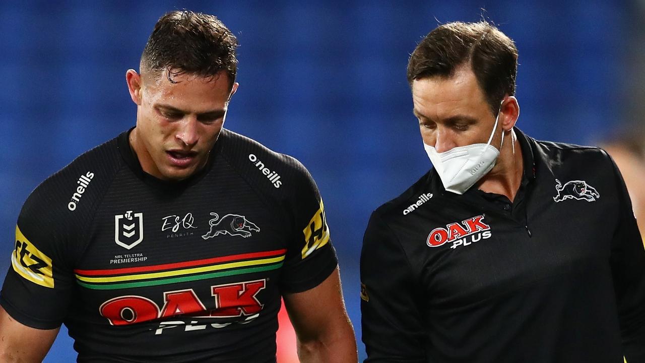 Scott Sorensen of the Panthers is tackled during the NRL Round 12 match  between the Brisbane Broncos and the Penrith Panthers at Suncorp Stadium in  Brisbane, Thursday, May 18, 2023. (AAP Image/Jono