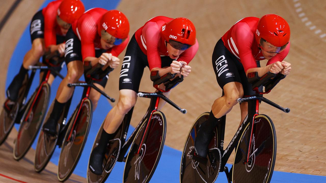 The Danish team seen sporting the tape on their shins. Picture: Getty Images