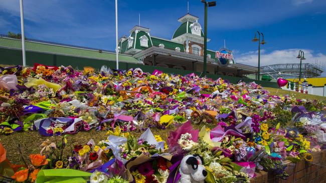 The floral tribute at Dreamworld where four people were killed following an accident on the Thunder Rapids ride. Picture: Glenn Hunt