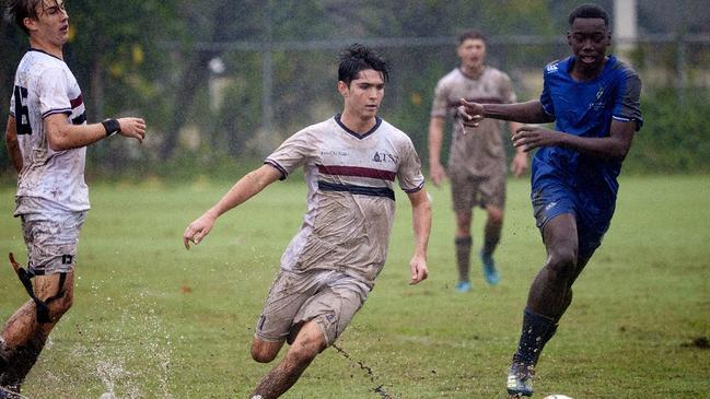 The Southport School vs Anglican Church Grammar School in round 4 of the 2022 GPS Football competition, Photo: Adrian Gaglione.