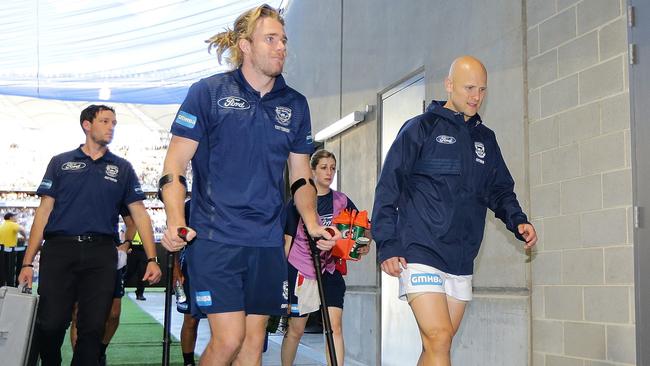 Cam Guthrie and Ablett leave Perth Stadium after the tough loss. Pic: Will Russell/AFL Media