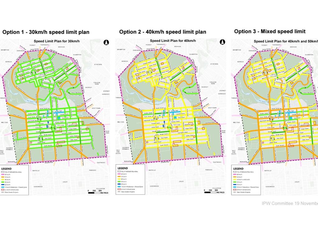 Three options have been proposed: a blanket 30km/h limit for all city streets (green), 40km/h for all the roads (yellow) or a mixture of both. Picture: Adelaide City Council.