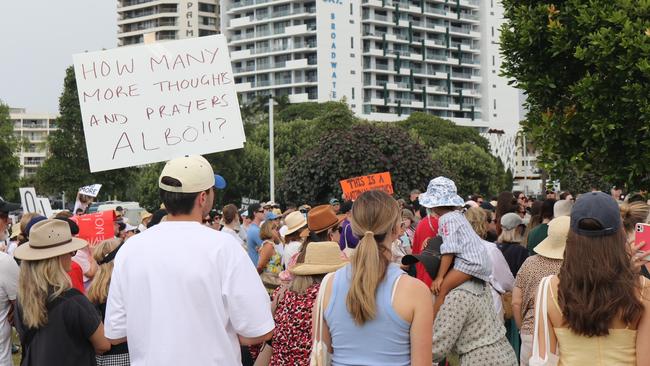 Protesters at the Broadwater Parklands rally. Picture: Supplied / Melanie Arnost.