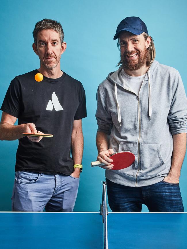 Mike Cannon-Brookes (baseball cap) and fellow founder of Atlassian, Scott Farquhar.